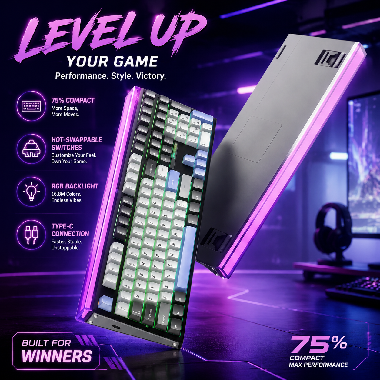 Gaming Keyboard No Number Pad - AULA H108 Tri-Mode Mechanical Keyboard,Silent Switches
