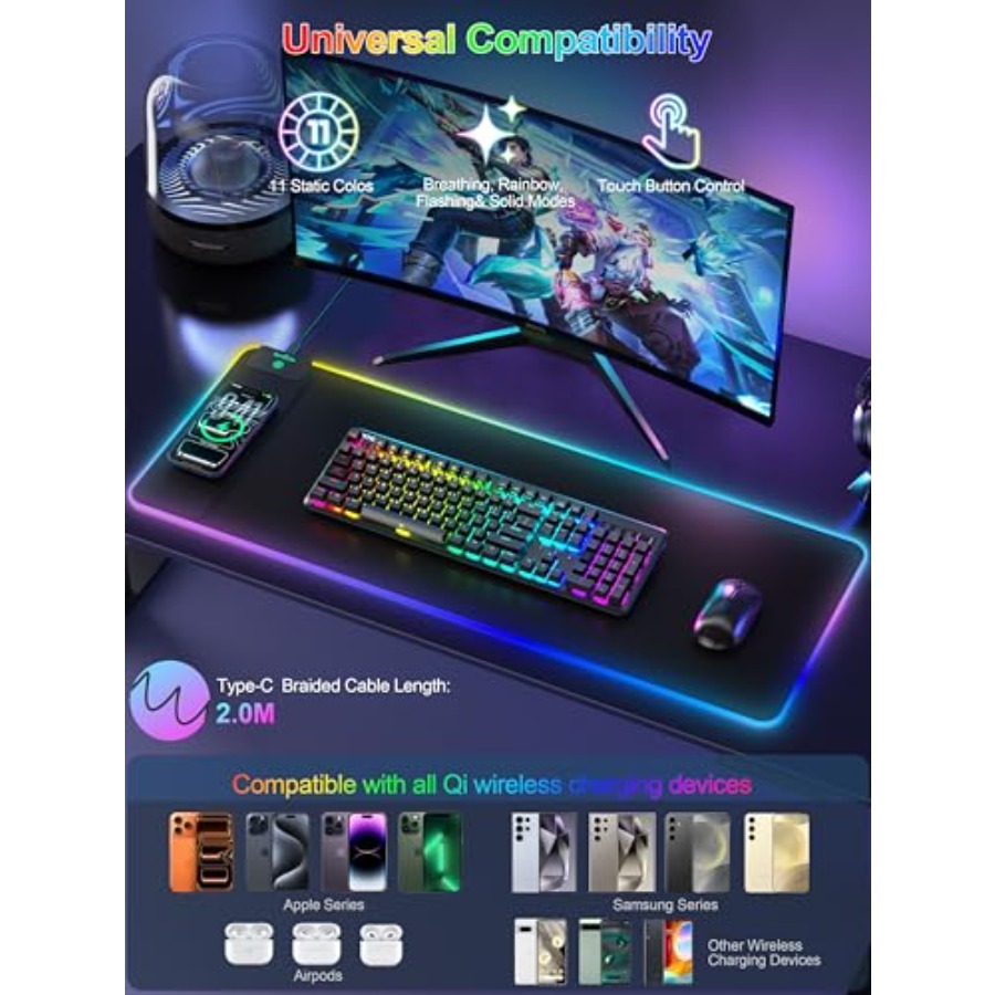 Mouse Pad with 15W Wireless Ch - Gaming Keyboard No Number Pad 评论和价格